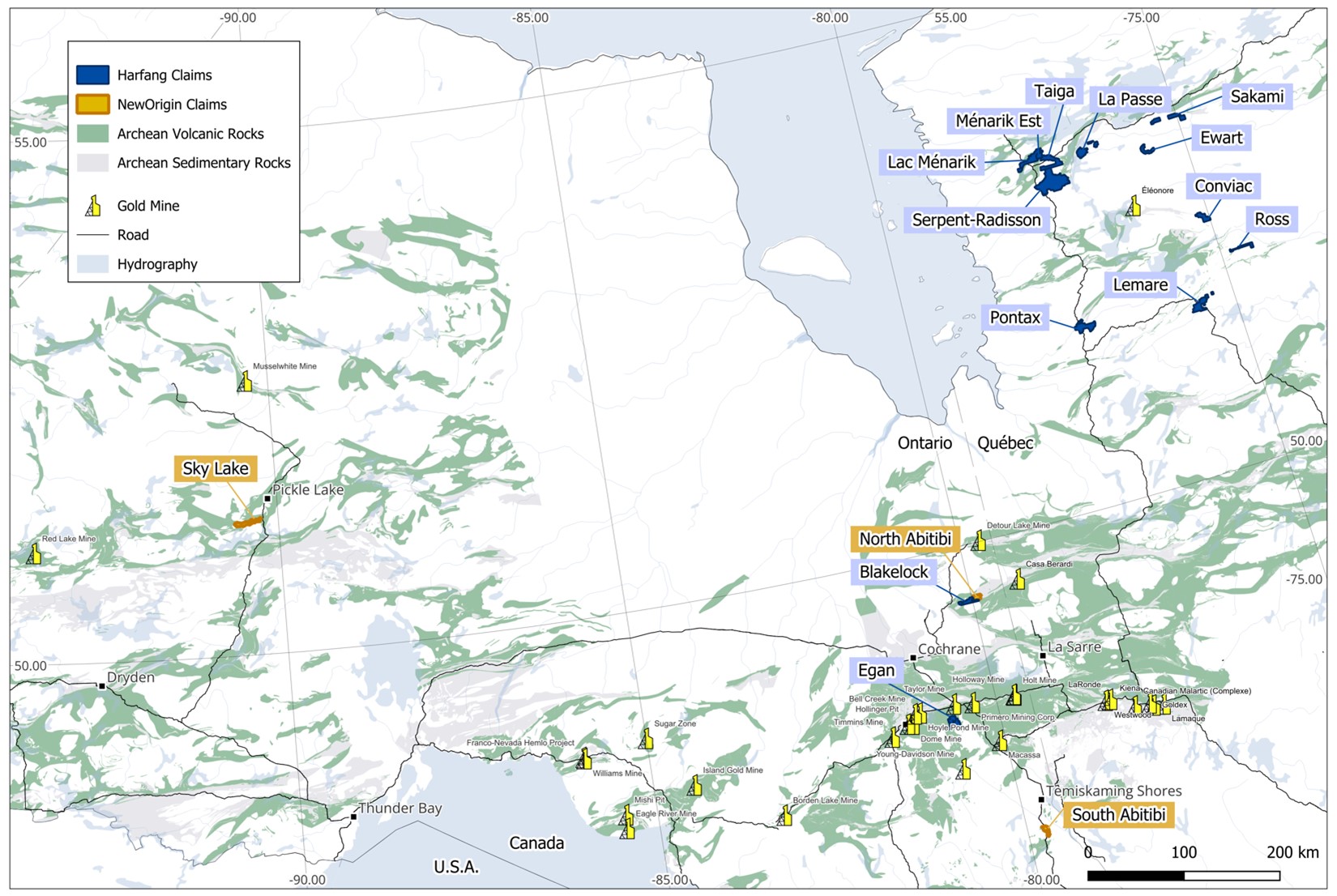 Location map showing Harfang and NewOrigin’s assets in Quebec and Ontario.