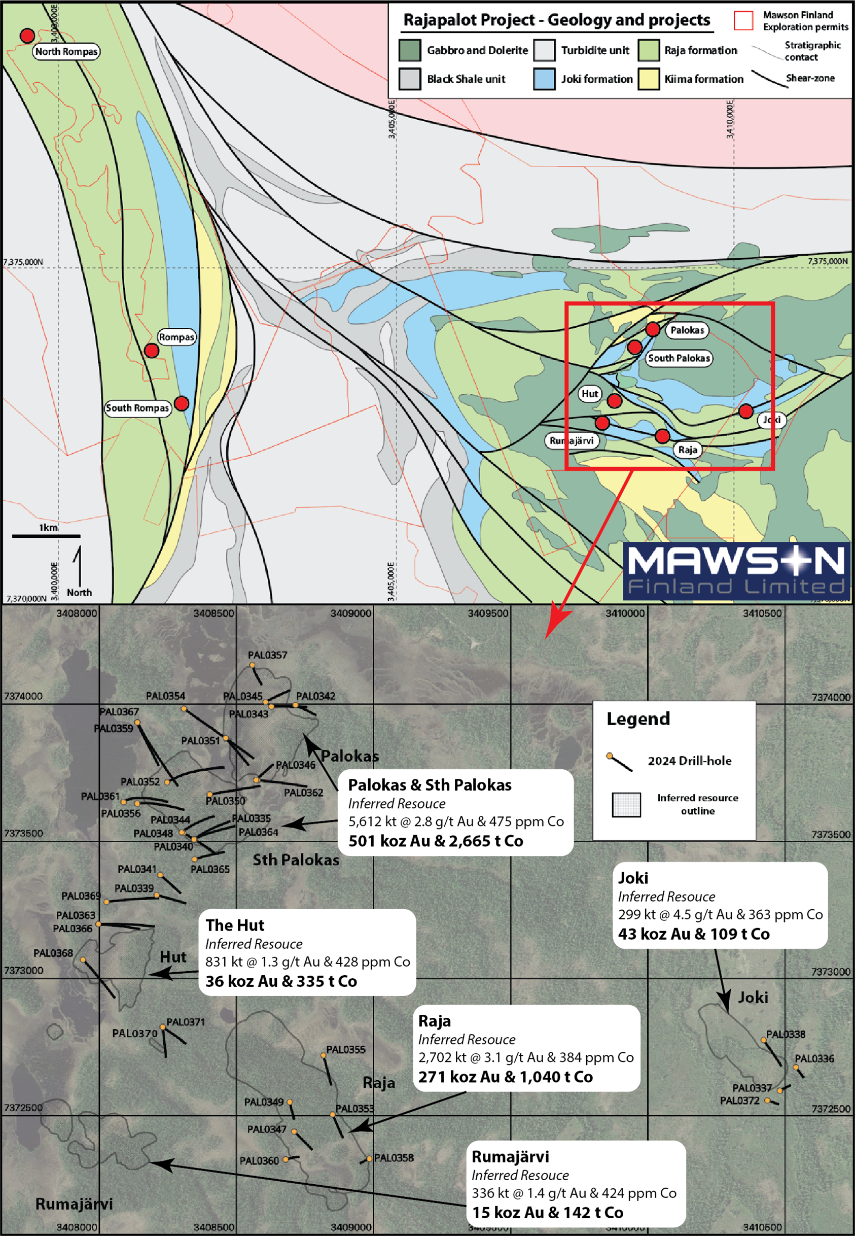 Geological map of the Rajapalot property showing location of major deposits and other known prospects. Inset/lower map illustrates the location of drillholes completed at Rajapalot between January and April of 2024. Drilling can be seen focusing around the major deposits at Rajapalot, with inset text boxes documenting their current estimated inferred resource metrics as per the PEA.