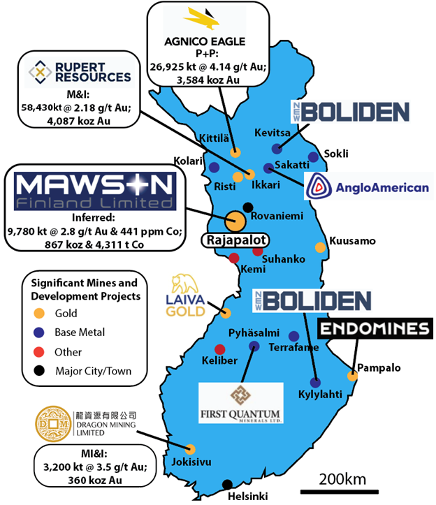 Locality map of Finland illustrating the location of Mawson Finland’s Rajapalot project, relative to the locations of other major mines and development projects currently active in Finland.