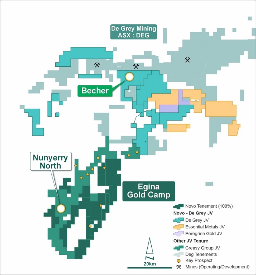 EGC tenure showing significant Au prospects, location of Nunyerry North, and JV interests.