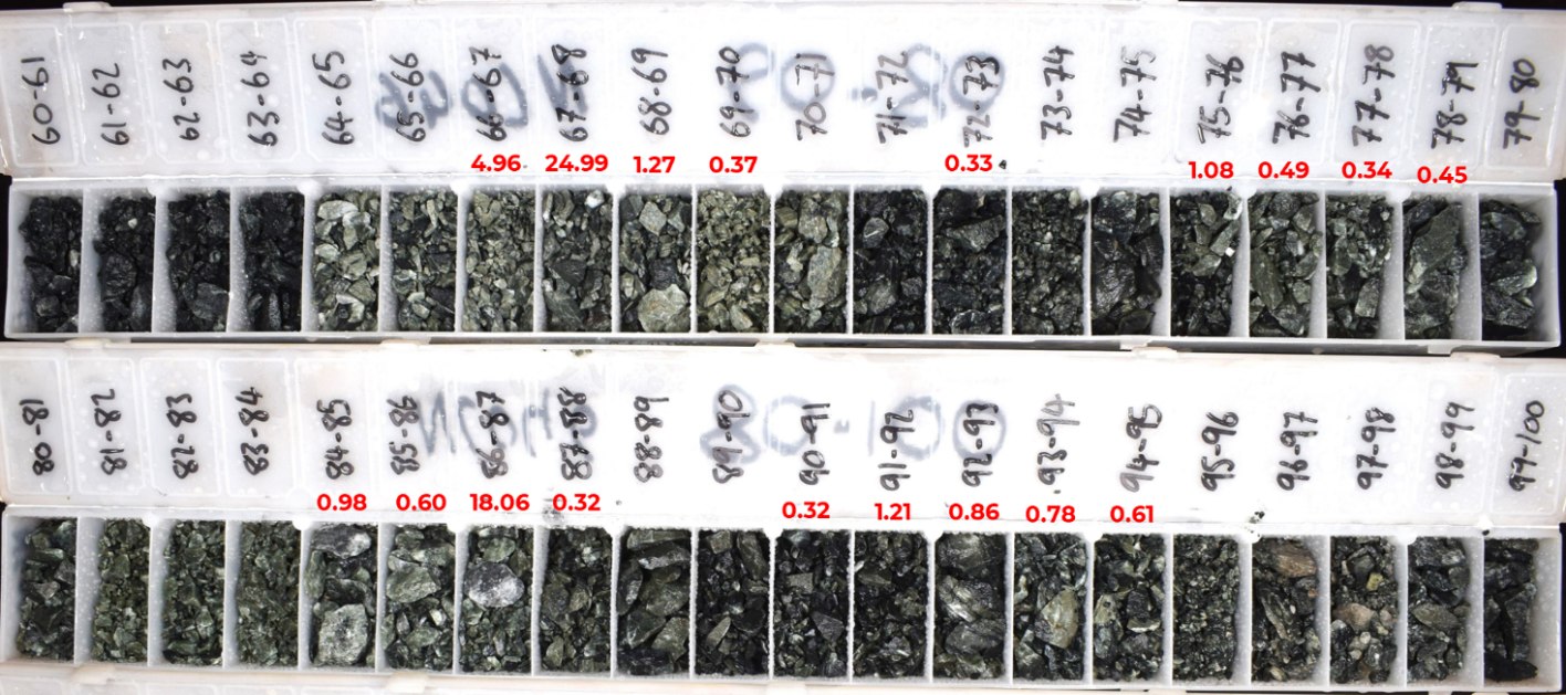 NC046 drill chips showing altered basalt, labelling assay result (Au, top) and mineral / alteration intensity / vein percent (bottom).