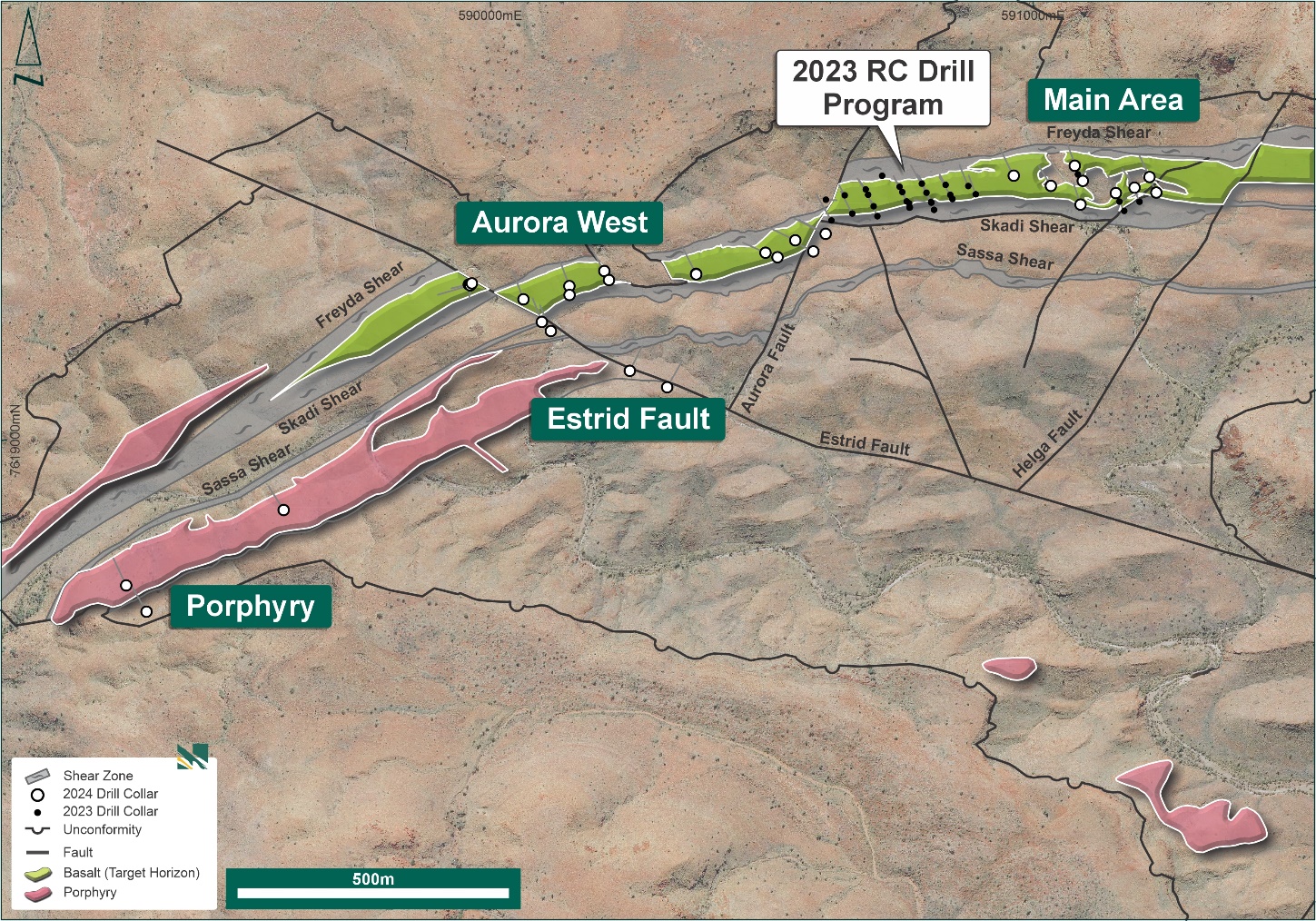 Nunyerry North geological interpretation, showing 2023 and 2024 drilling completed