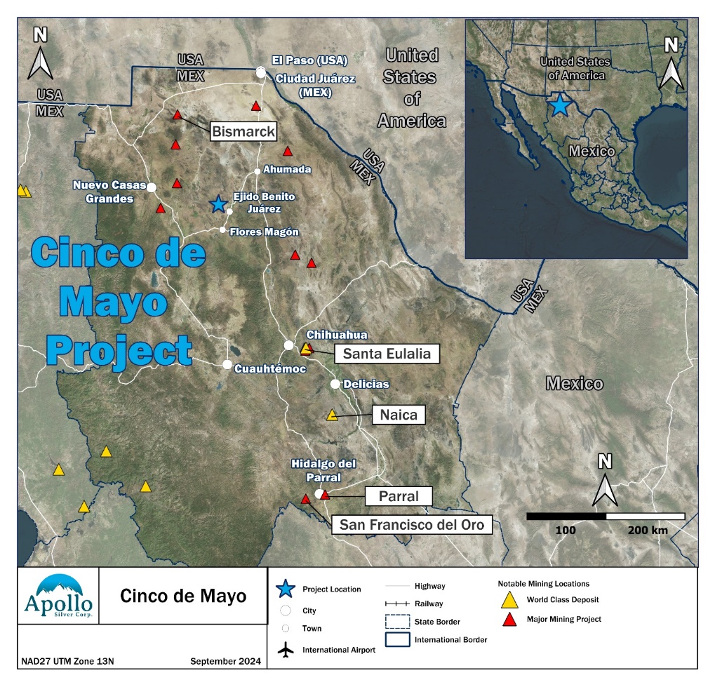 Regional Map showing the location of the Cinco de Mayo Project and other significant deposits