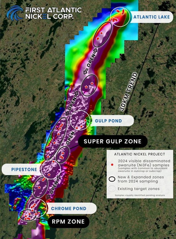 2024 sample map showing visible awaruite (nickel-alloy) locations at the Atlantic Nickel Project, over the 30 km nickel ultramafic magnetic trend (background TMI magnetics).