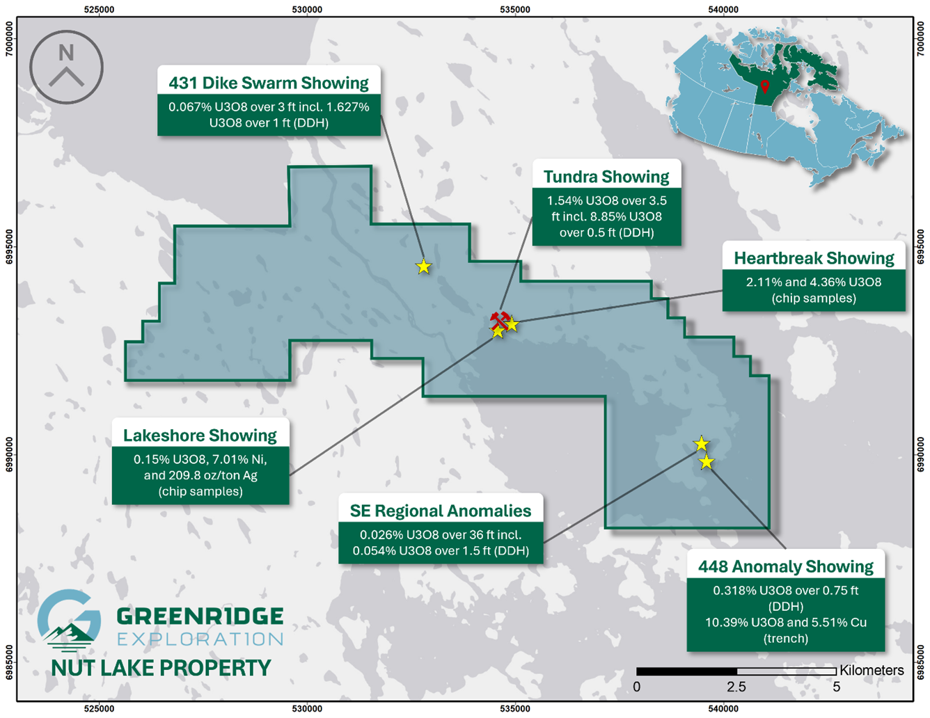 Uranium showings across the Nut Lake Project