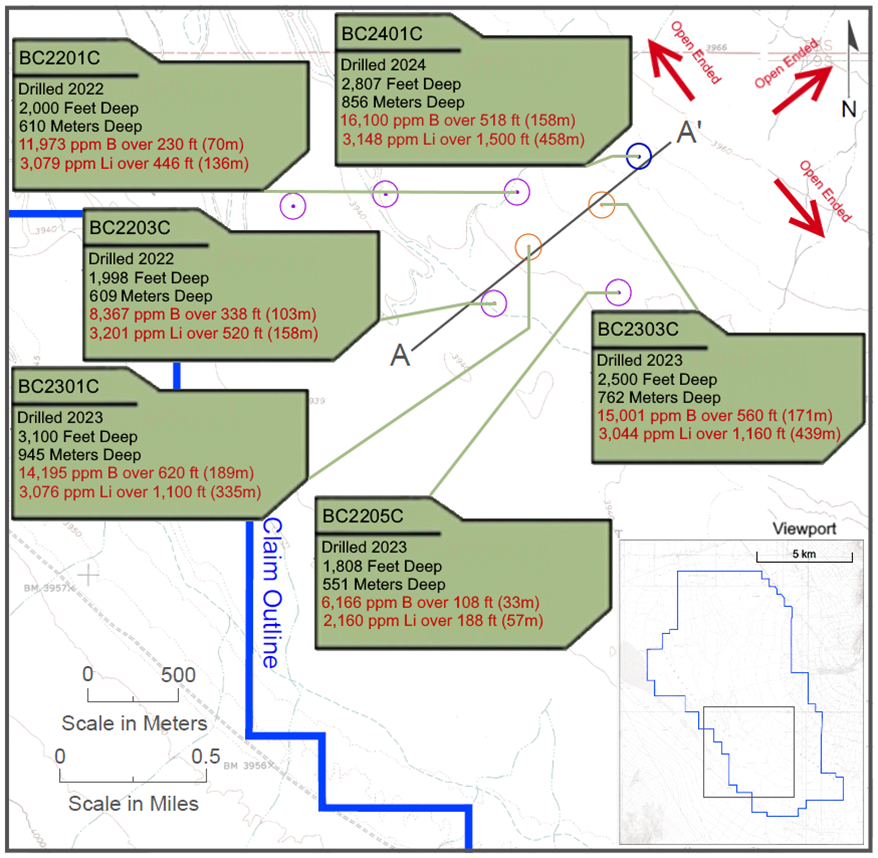 Drill collar location map of holes BC2201C, BC2203C, BC2301C, BC2303C, and BC2401C, with section line A-A’