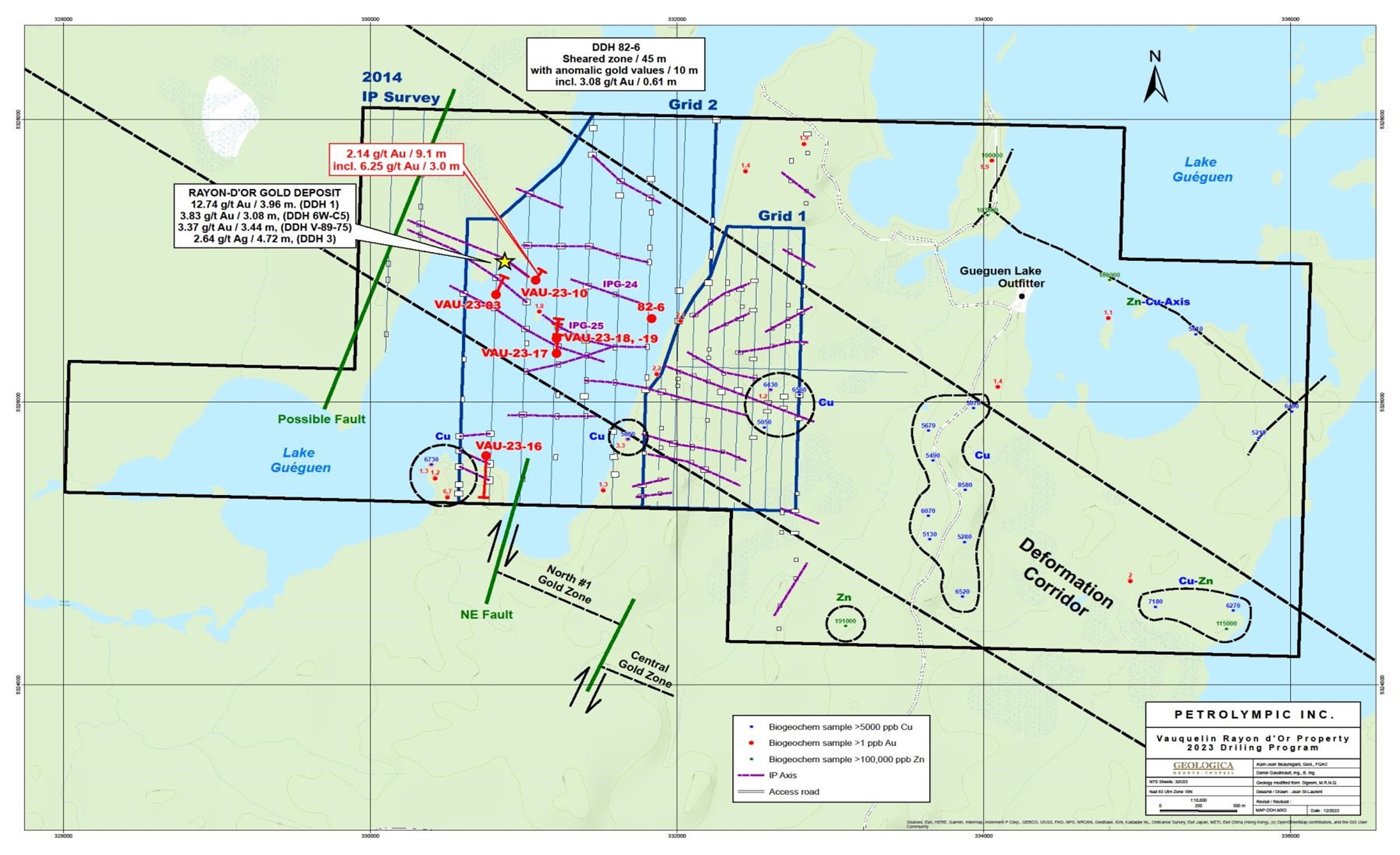 Location of the drill holes, IP and zones investigated during the 2023 campaign in Rayon d’Or.