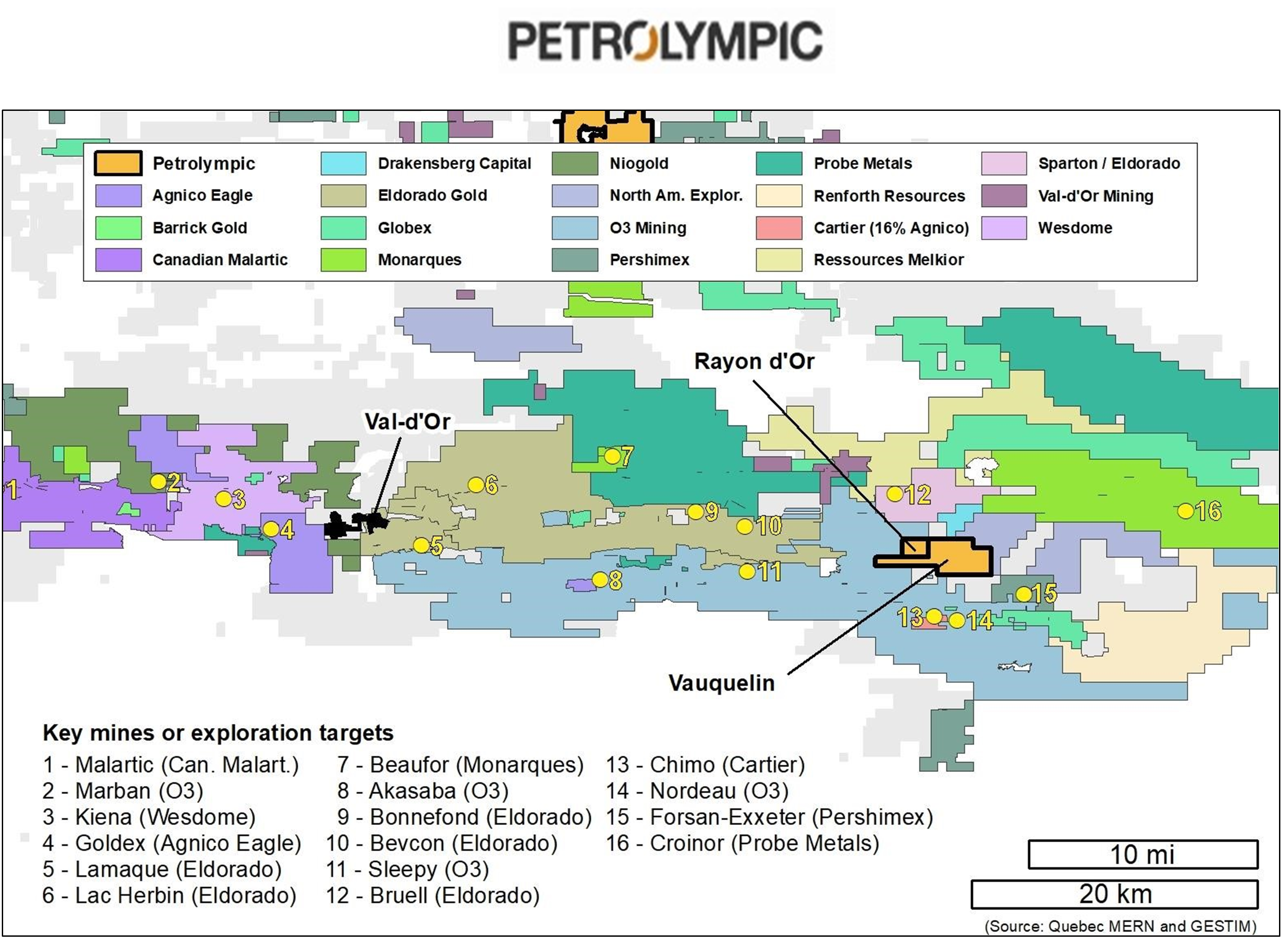 Location of Petrolympic’s Rayon d’Or-Vauquelin Property in the Cadillac Break corridor within the Val-d’Or Mining Camp.