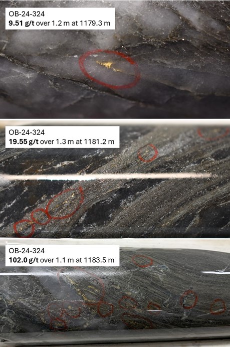 Visible Gold in DDH OB-24-324 Over Three Separate Intervals Starting at 1,179 Metres.