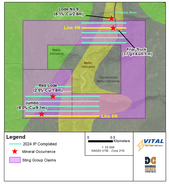 Sting Copper Project 2024 Completed IP Survey. The two lines highlighted in yellow (4N and 6N) have their chargeability 2D cross-sections