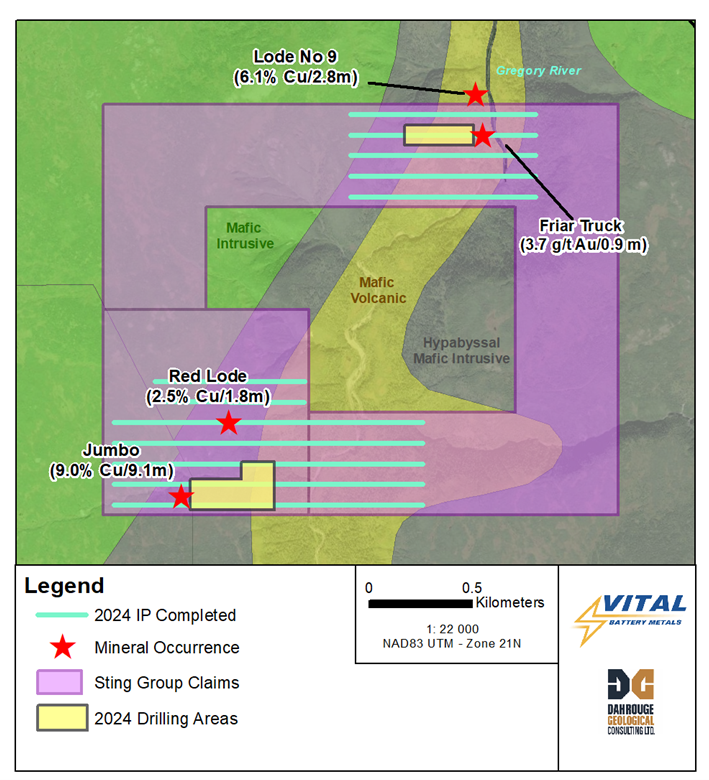 Sting Copper Project overview with areas targeted for the 2024 drilling campaign highlighted.