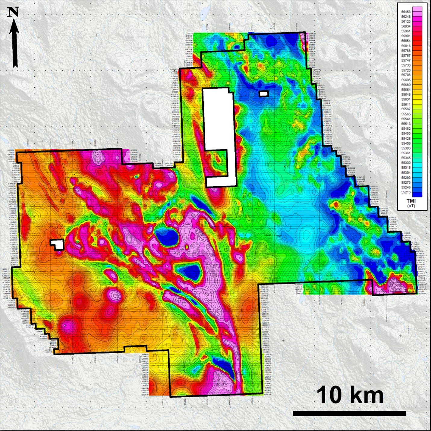 Completed ZTEM flight lines at Cyprus Project – Total Magnetic Intensity.