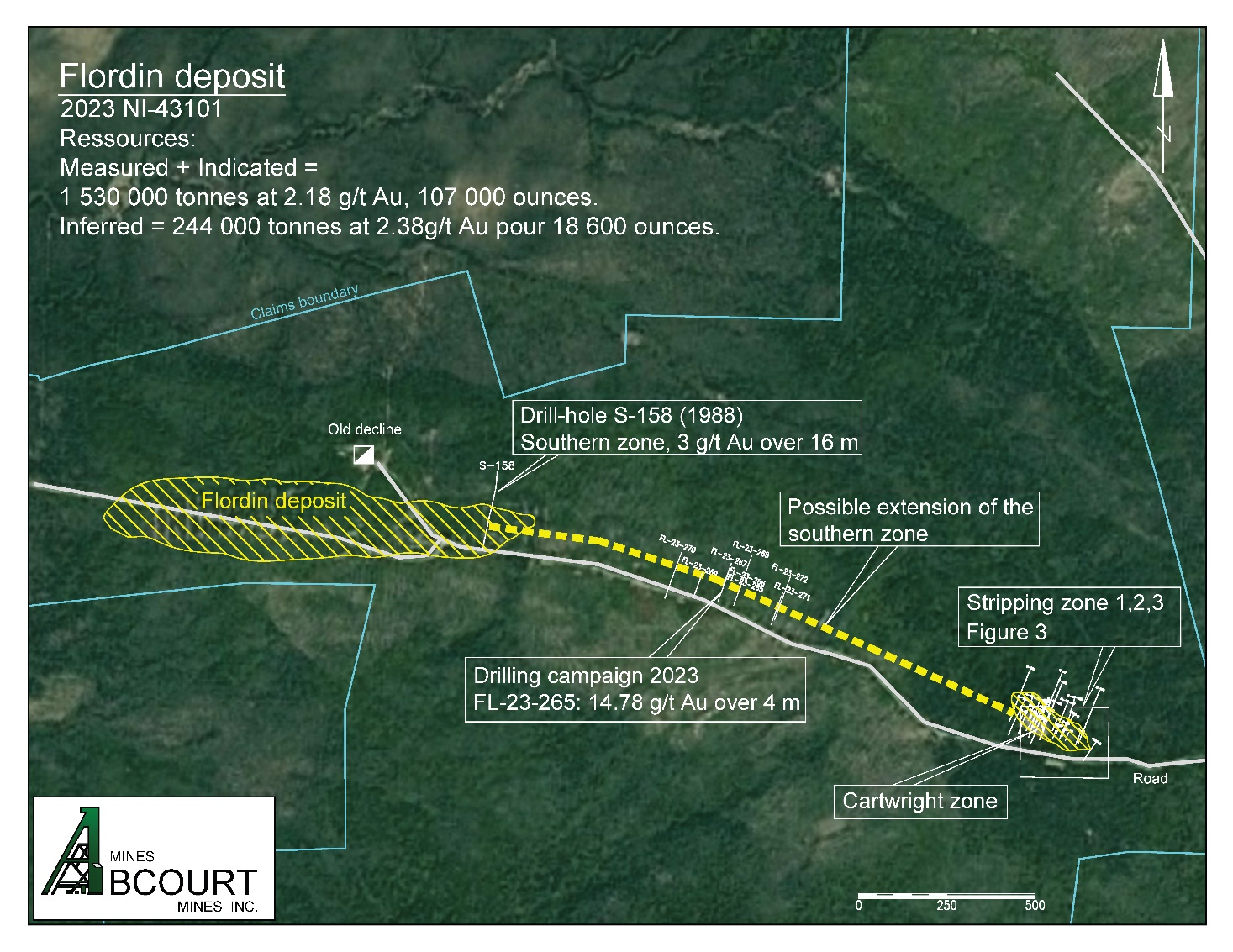 Overview of the Property with the Flordin Deposit, Drilling completed in 2023 and the Stripping Area, in the vicinity of the Cartwrigth Deposit.