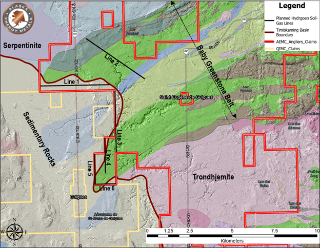 Planned AEMC soil-gas survey lines on the Angliers-Belleterre project. Geological map sourced from SIGÉOM (Ministère des Ressources naturelles et des Forêts).