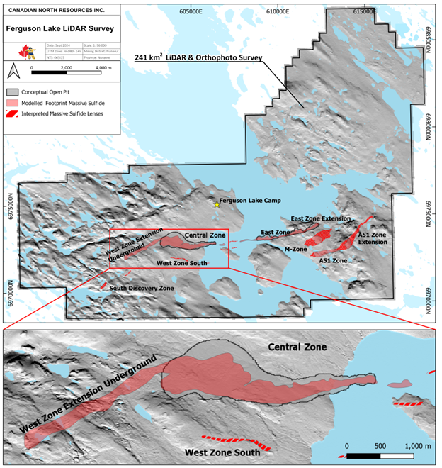 Map displaying the new LiDAR Survey, zoomed portion shows the Central Zone mineralization and conceptual open pit