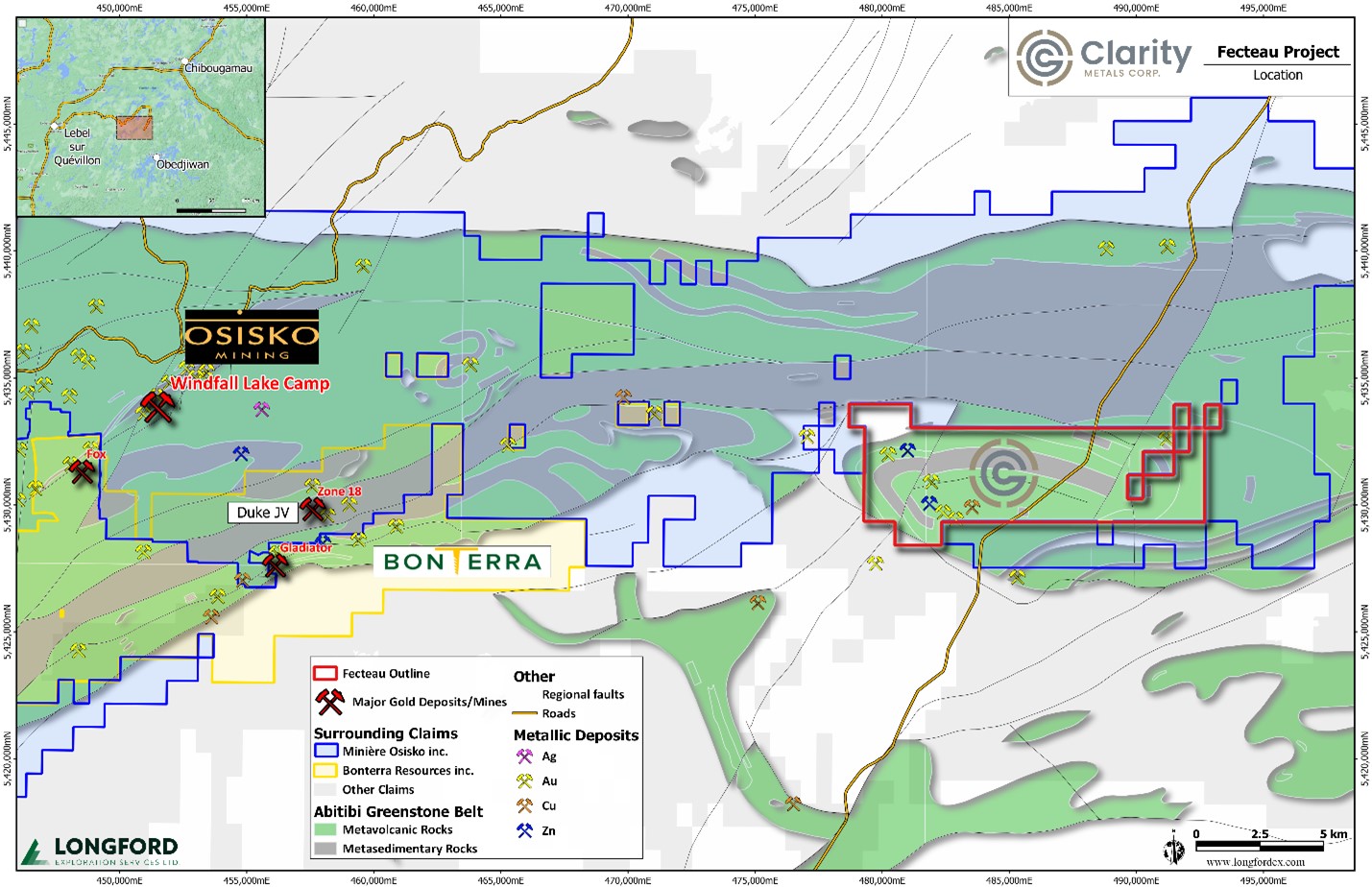 Location of Fecteau Property showing nearby projects.