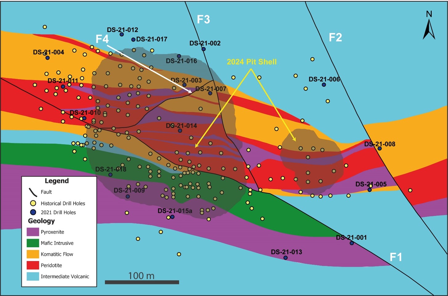 Generalized geological plan map of the Dundonald South Deposit, with shaded areas for the optimized pit shells, and 4 labelled faults (F1 to F4) which dissect the deposit. Also shown are the historical drill hole collars (yellow) and the 2021 Class 1 drill hole collars (black).