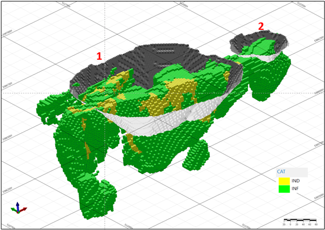 Isometric view (looking northeast) of the Dundonald South Nickel Sulphide Deposit showing the 3D optimized pit shells (1 and 2 in grey) and the Pit-Constrained and Out-of-Pit Indicated (yellow) and Inferred (green) resources.