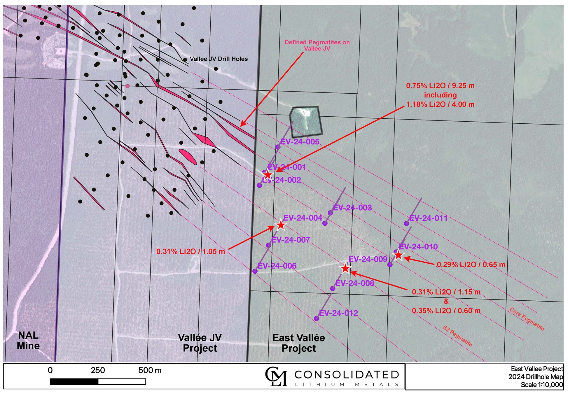 Location of the 2024 drill holes East Vallée Project and targeted projected extensions of pegmatites from the adjacent Vallée Joint Venture Project.