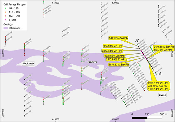 Plan showing anomalous base metal results in AC drilling at Irvine (see Appendix: Tables 2 and 3)