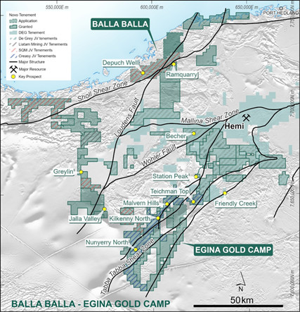 Novo Tenure in the Central Pilbara showing the Egina Gold Camp and Balla Balla Gold Project