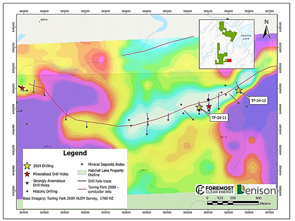 Compilation Map Displaying Current and Historic Drill Hole Locations at Tuning Fork (Background: 2009 HLEM Data)