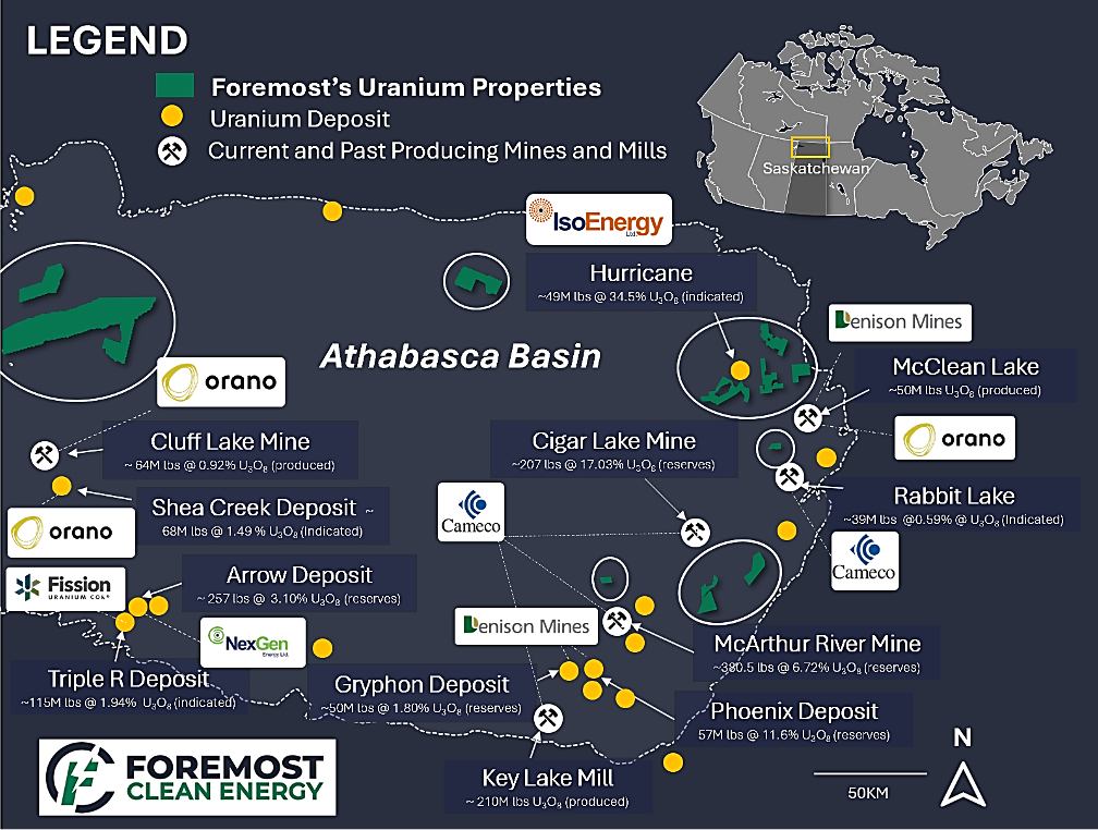 Map of Foremost’s Uranium Properties With Nearby Mills, Mines and Deposits