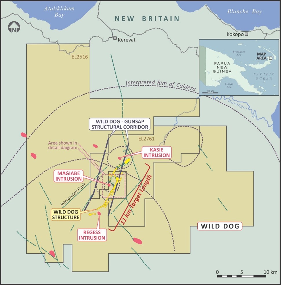 Wild Dog Project Location and 11km target area for epithermal vein systems.