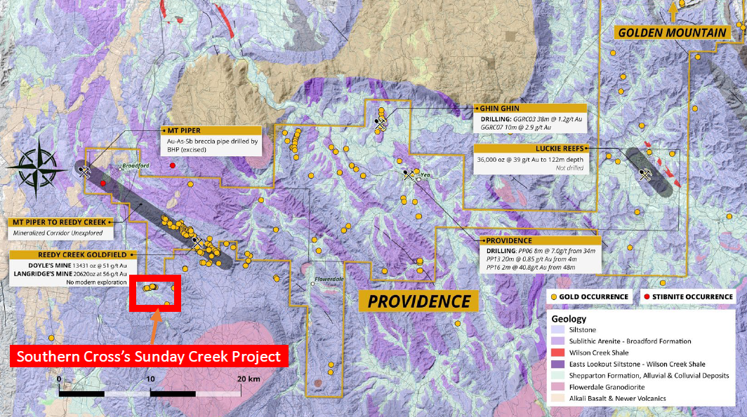 The Reedy Creek land package showing the location of historic small scall mines and artisanal surface workings.