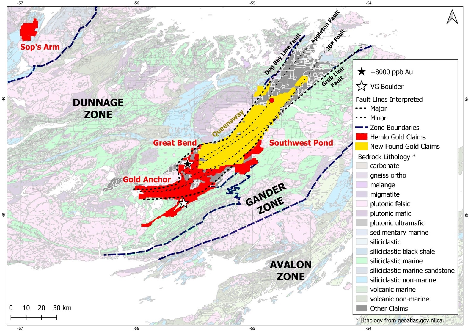 Hemlo Explorers Claims Centered in Central Newfoundland (in red)