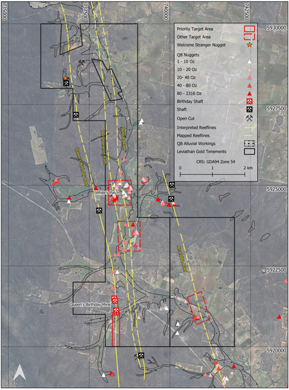 Location of Queen’s Birthday, Leviathan landholdings and exploration targets, the red rectangle to the south of the main Queen’s Birthday mine shaft indicating the area of potential strike and plunge extensions to historic high-grade stopes.