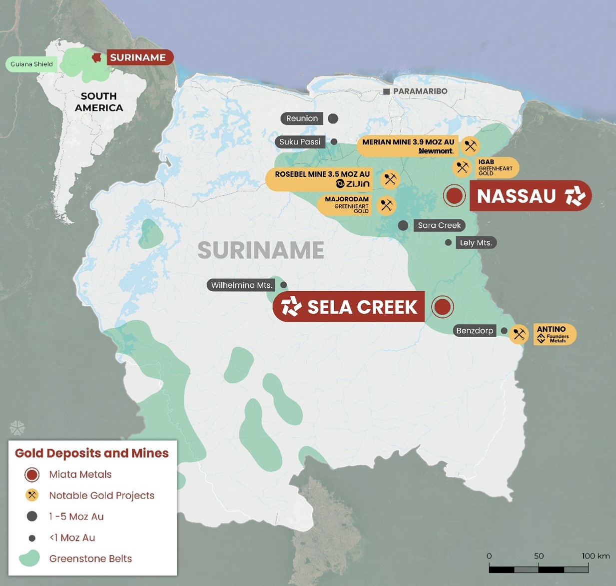 Location of the Sela Creek and Nassau gold projects as well as other notable projects in Suriname*