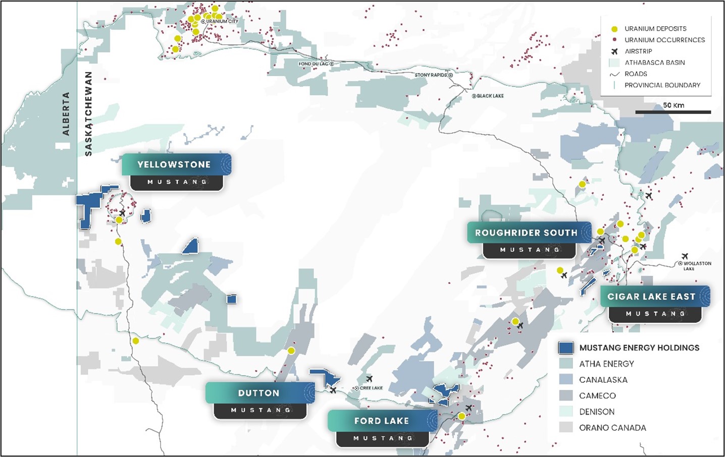 Mustang Energy's Properties within the Athabasca Basin, Saskatchewan.