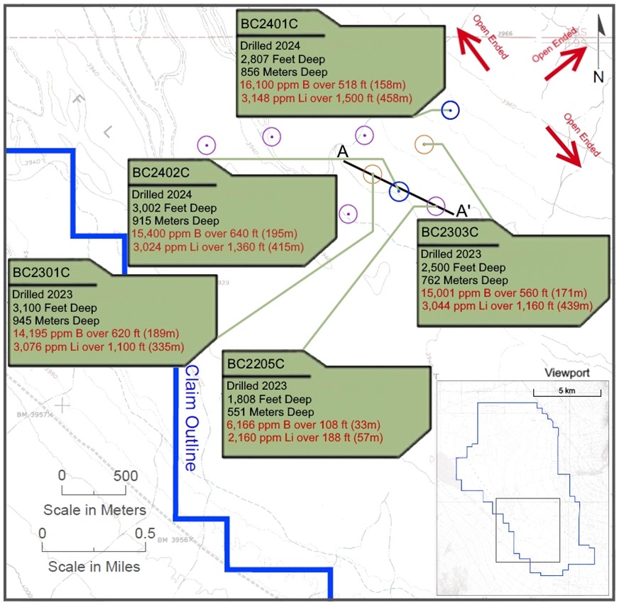 Figure 2: Drill collar location map of holes BC2201C, BC2203C, BC2301C, BC2303C, and BC2401C, with section line A-A’