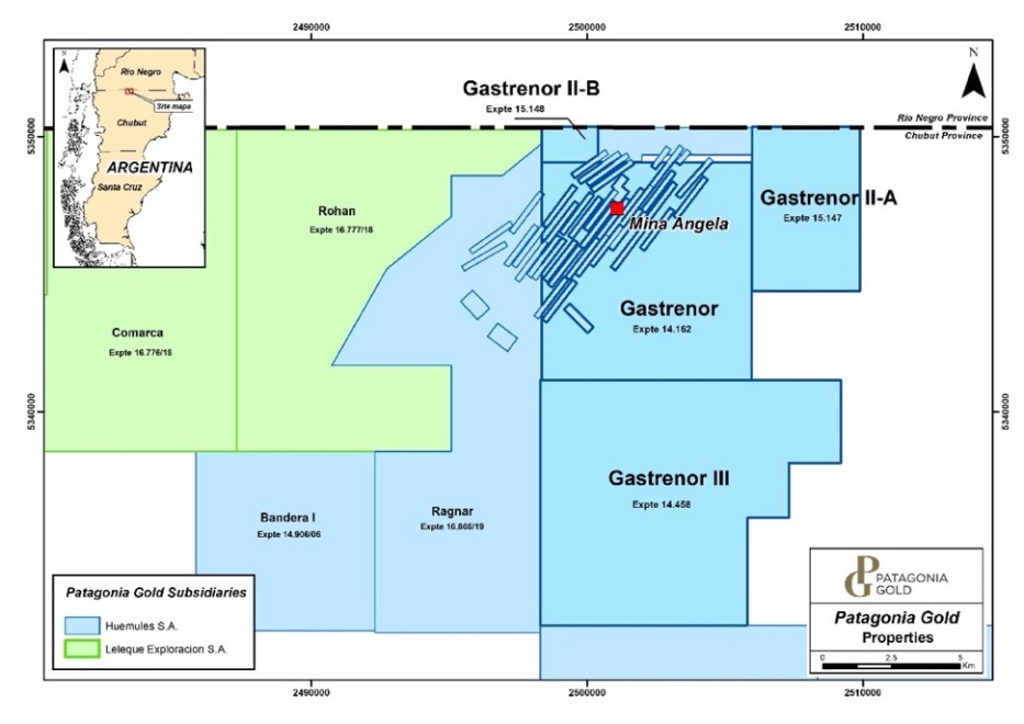 Mineral concessions held by Patagonia through its subsidiaries, Huemules S.A. and Leleque Exploración S.A. in the Mina Angela area (New mineral properties in aqua color, “Expte” is the concession registration number).