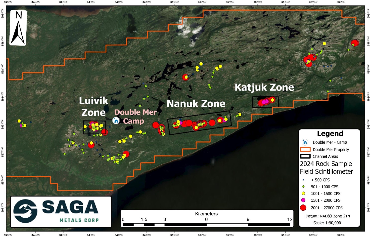 2024 Saga metals Rock sample locations with field CPS (Counts per Second) readings taken on R-125 Scintillometer