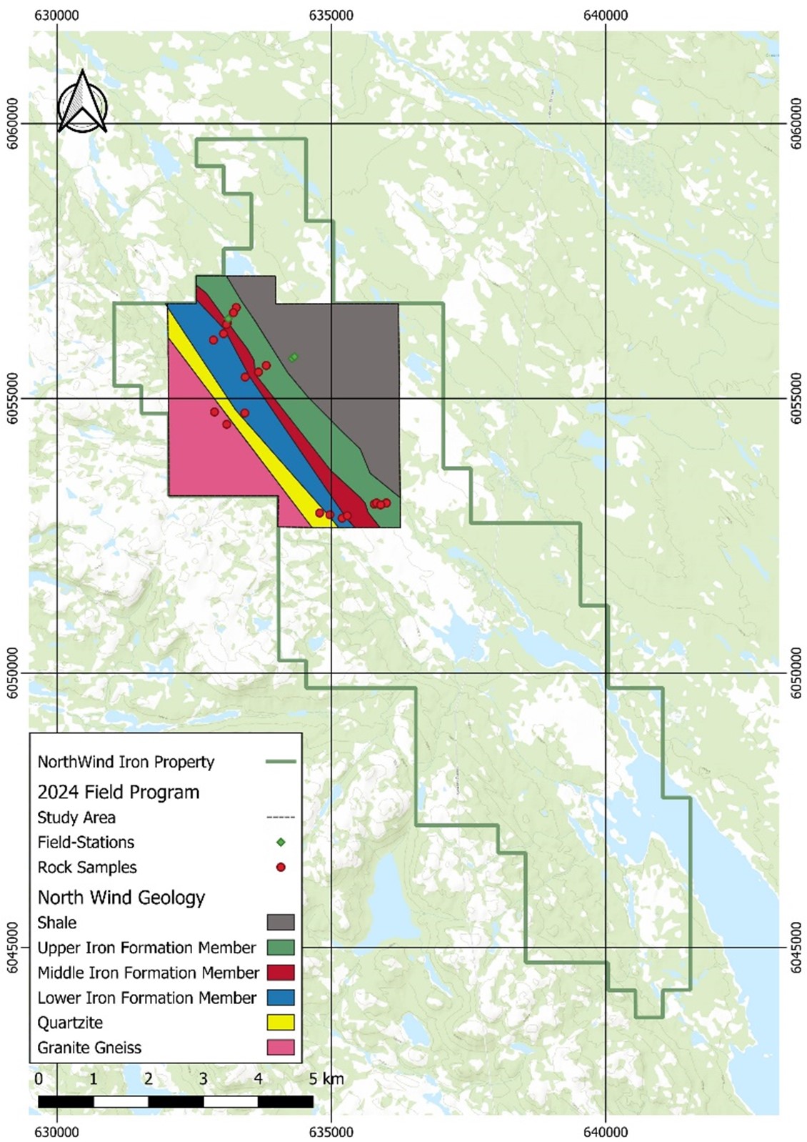 North Wind Iron Ore Project overview with 2024 samples and mapped Stratigraphic units