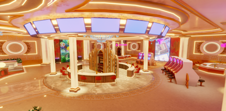 IMAGE of a Template of an Intraverse iGaming environment, complete with kiosks to connect games, color schemes and design elements for further customization, spaces for branding and screens for third party sponsored content.