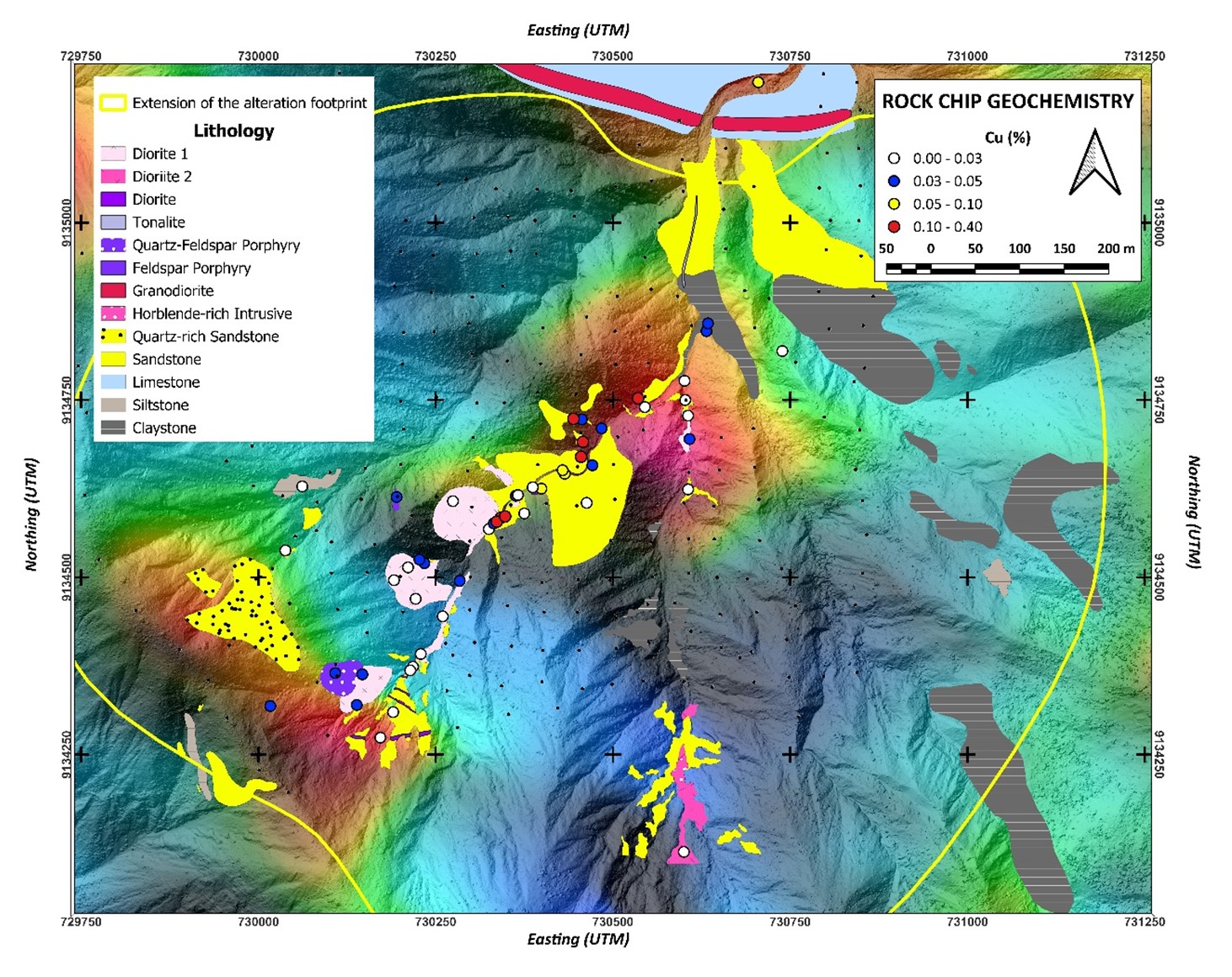 Caña Brava 1 Prospect – Rock chip sample copper results on the updated geological fact map. The base map represents the RTP mag anomaly map warped on hill shaded image.