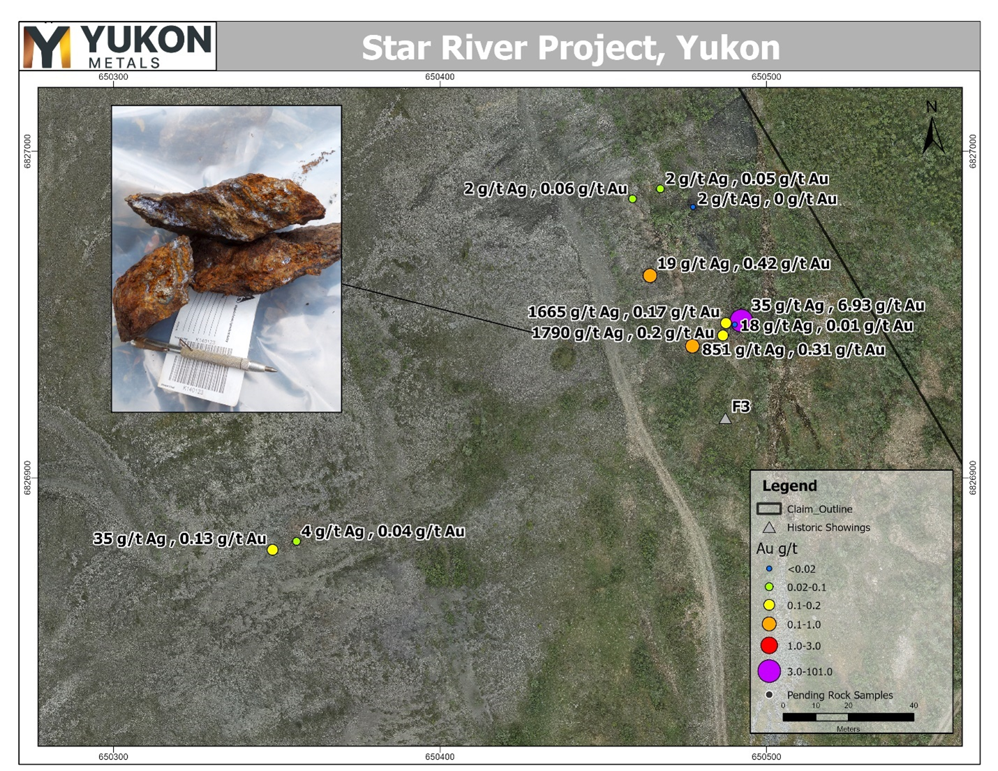 Samples taken near historic F3 showing, Au g/t.