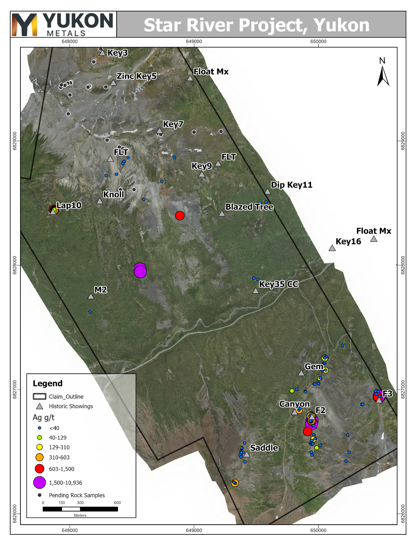 Locations of 2024 rock samples received to date with Ag g/t values.