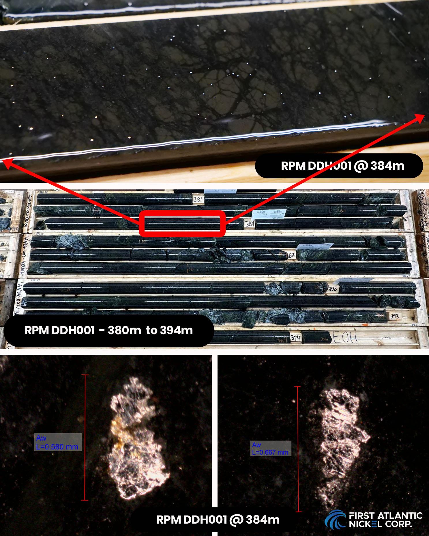 Image showing discovery hole RPM DDH001 (24-AN-02) with disseminated sulfur-free nickel-iron alloy (awaruite). Top image showing close-up of drill core at 384 meters with coarse grained disseminated awaruite; middle image showing core boxes from 380 meters to 394 meters, end of hole; bottom images showing microscope photos of individual large grains of awaruite, 580 microns to 667 microns at 384 meters.