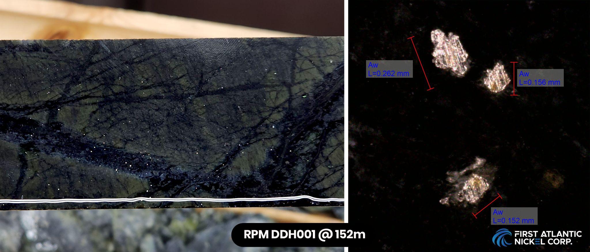 RPM DDH001 (24-AN-02) at 152 meters showing coarse grains of nickel-iron alloy (awaruite). Left image shows drill-core with disseminated awaruite in serpentinized ultramafic cut by serpentine-magnetite fracture filings and veinlets; Right image shows microscope photo of nickel alloy grains ranging from 152 - 262 microns.