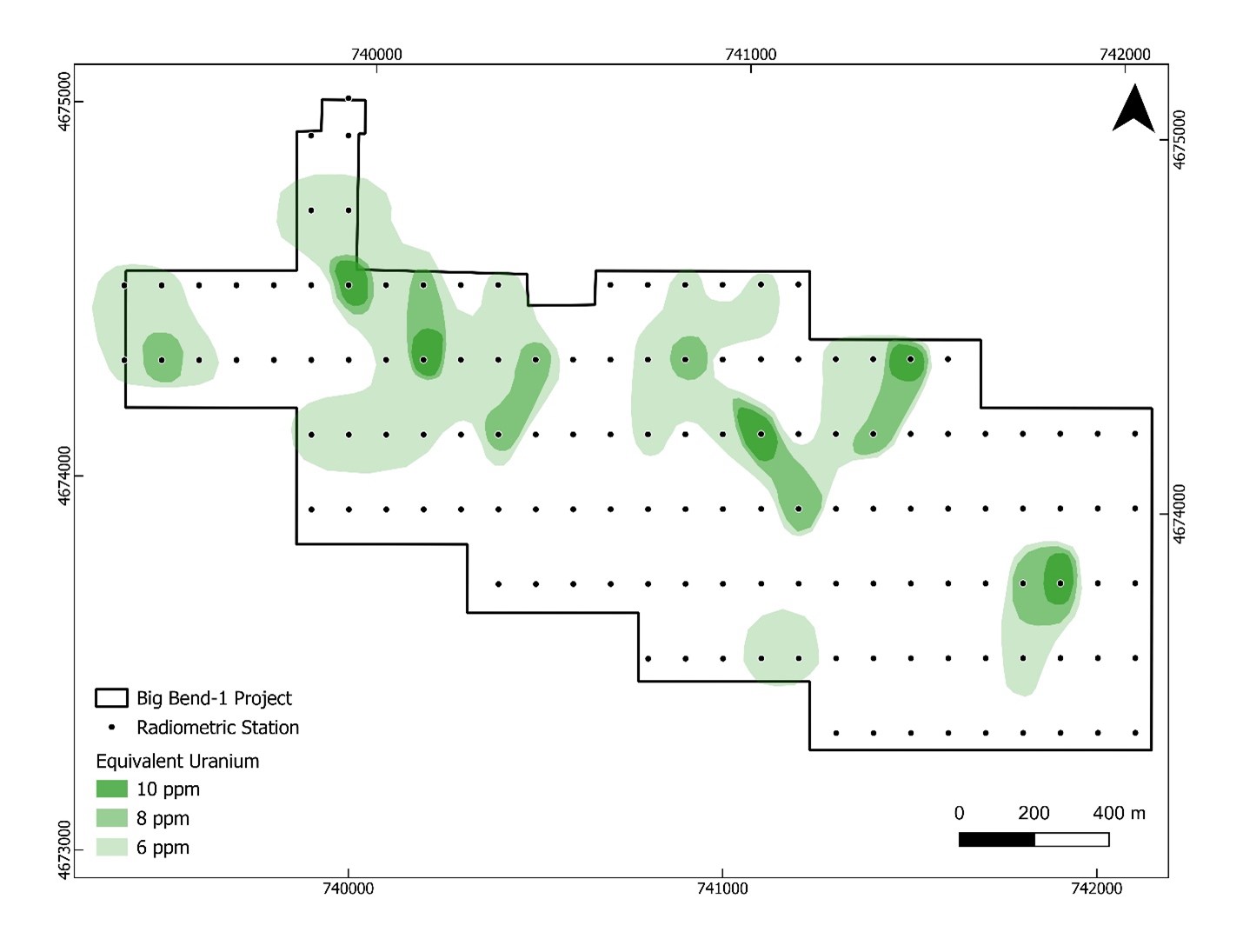 The Big Bend-1 claim with equivalent uranium contours. Notable anomalies are visible in the northern and central portions of the map.