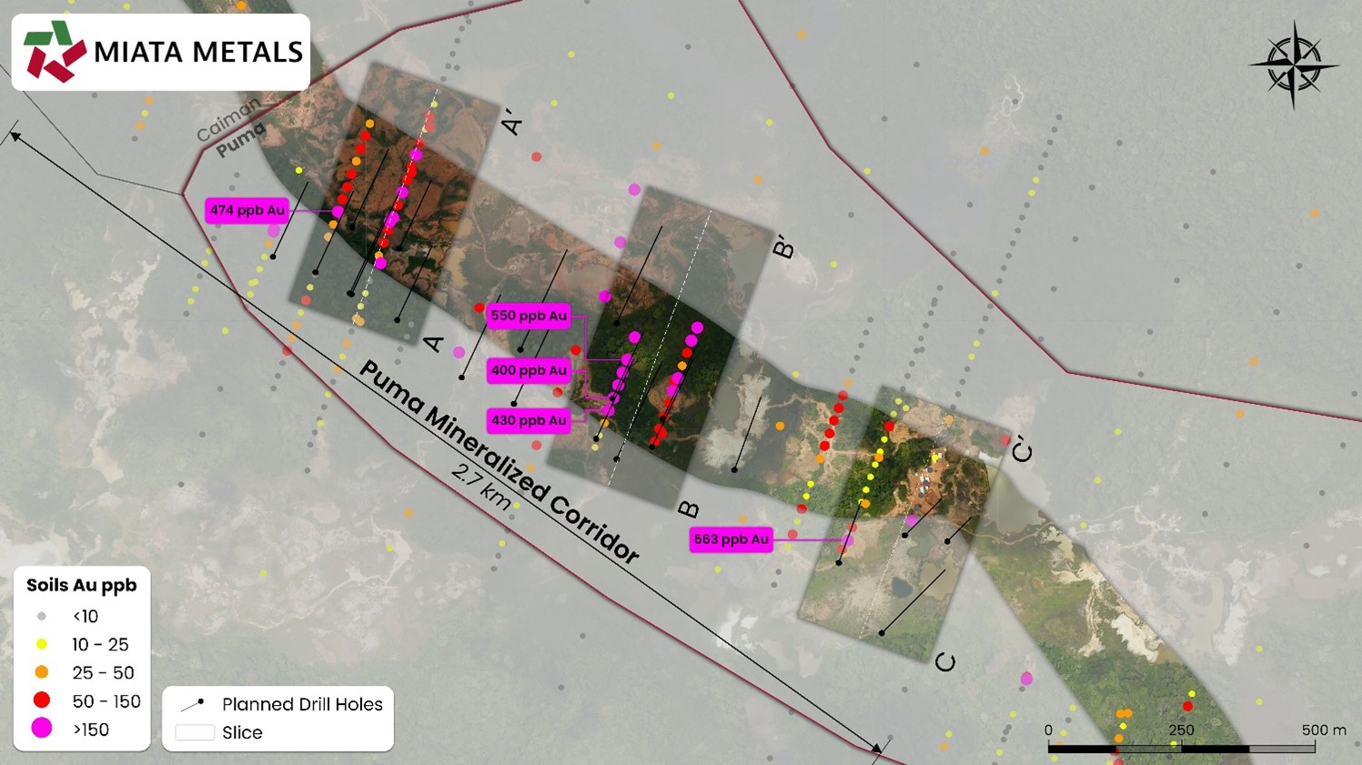 Puma proposed drilling, in plan view with locations of sections A - C. The 3D wire frames are the inferred vein targets, which are the focus of the drilling program.