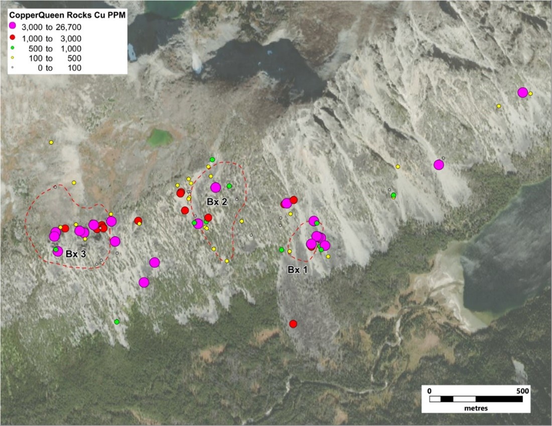 Distribution of Cu values in out crop and float sampling within and around breccias 1, 2, and 3 at Copper Queen.