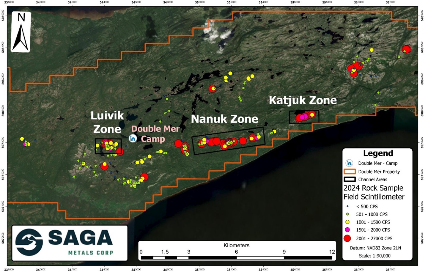 2024 SAGA metals Rock sample locations with field CPS (Counts per Second) readings taken on R-125 Scintillometer