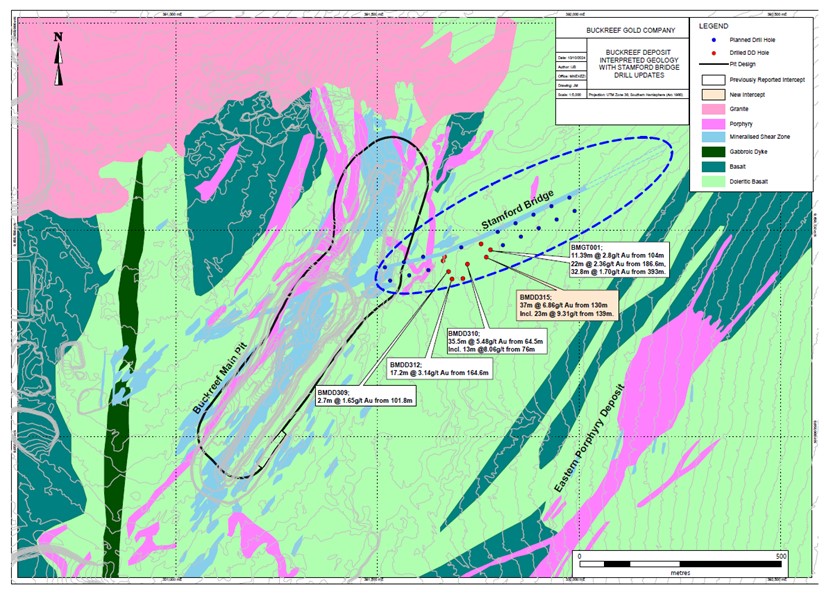 Buckreef Gold Property Showing Location of Latest Drill Hole BMDD315 Among Previous Results Along Stamford Bridge Zone