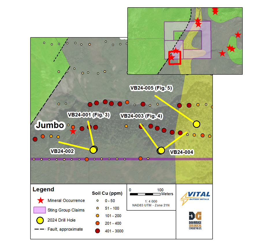 Sting Copper Project drilling overview. Soil samples shown include additional anomalous samples collected during the 2024 summer campaign.