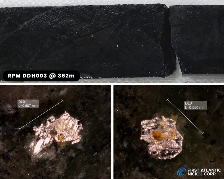 Core sample from drill hole RPM-DDH003 at a depth of 362 meters, where awaruite is visibly present. The lower images present magnified views of the awaruite grains, which show smooth and grooved surfaces, with grain sizes ranging between 550 and 607 microns.